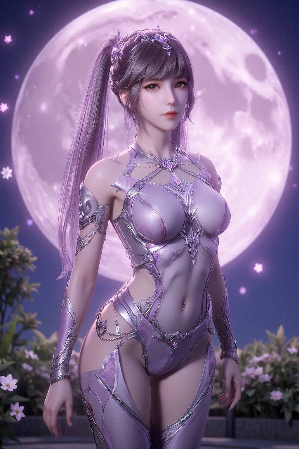 The image depicts a futuristic character with long pink hair styled into two high ponytails. She is wearing a sleek,  meta...