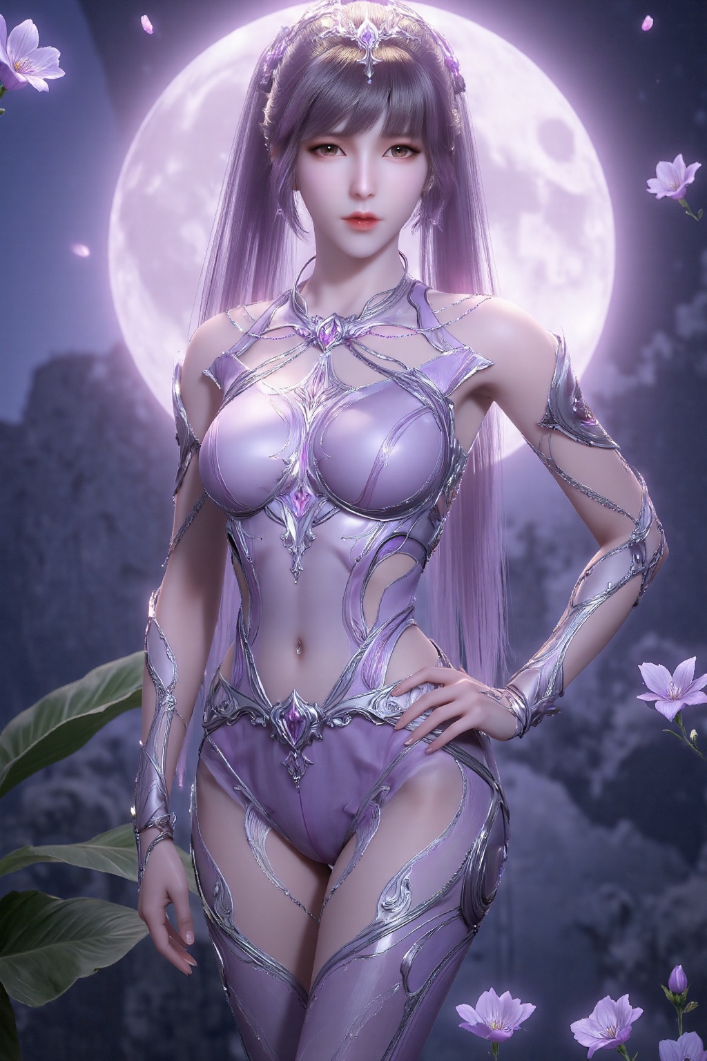 The image depicts a futuristic character with long pink hair styled into two high ponytails. She is wearing a sleek,  meta...