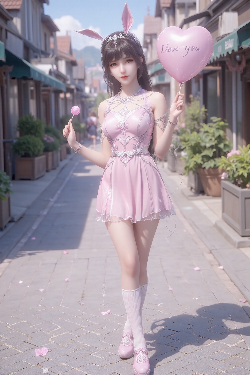 The image shows a young woman standing on a cobblestone street in a quaint town. She is dressed in a pink outfit that incl...
