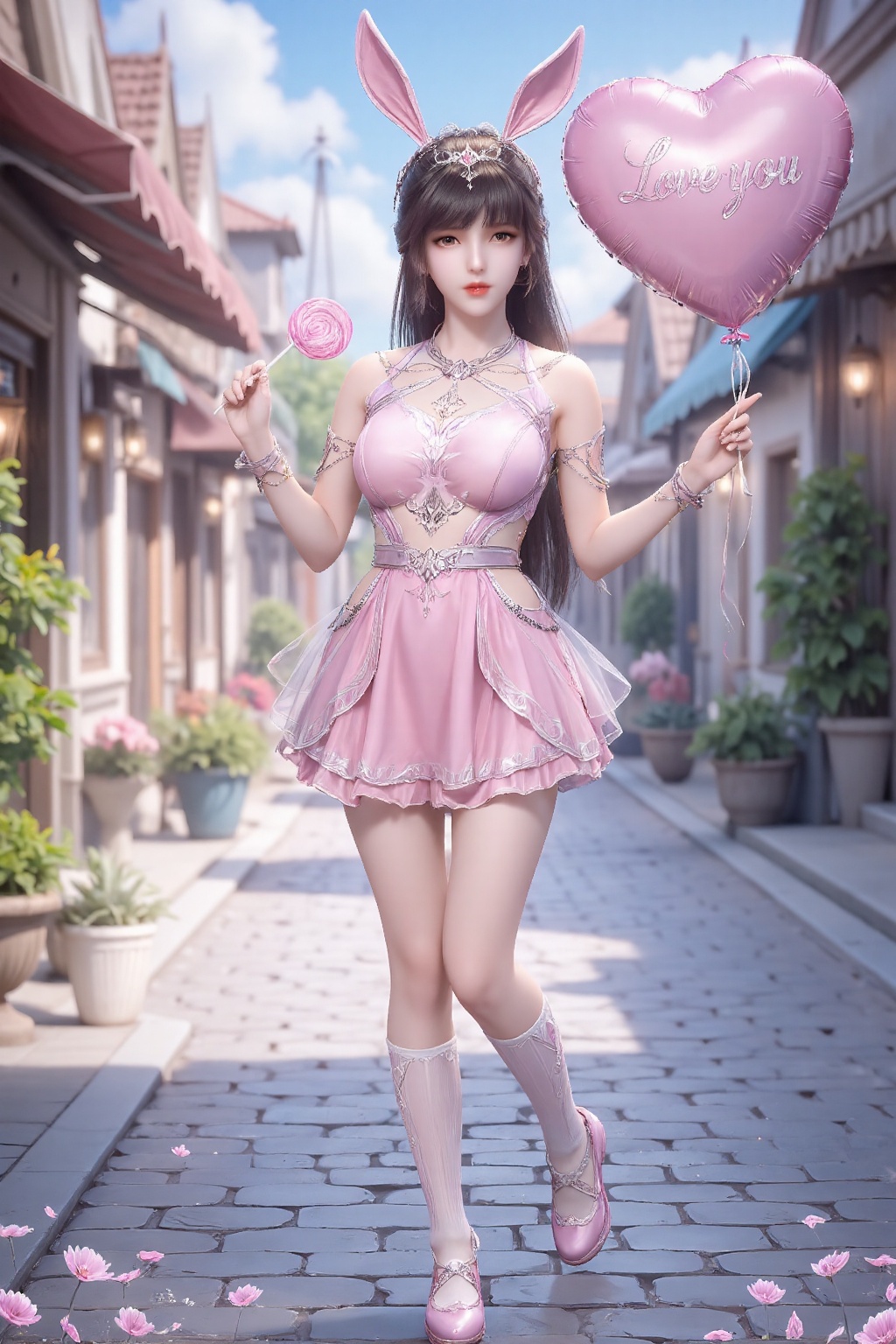The image shows a young woman standing on a cobblestone street in a quaint town. She is dressed in a pink outfit that incl...