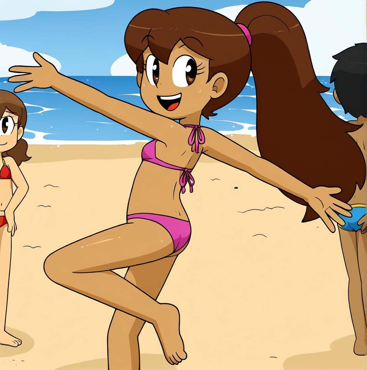 brown girl with high long ponytail wearing a bikini dancing on the beach,  score 9 on Tensor.Art