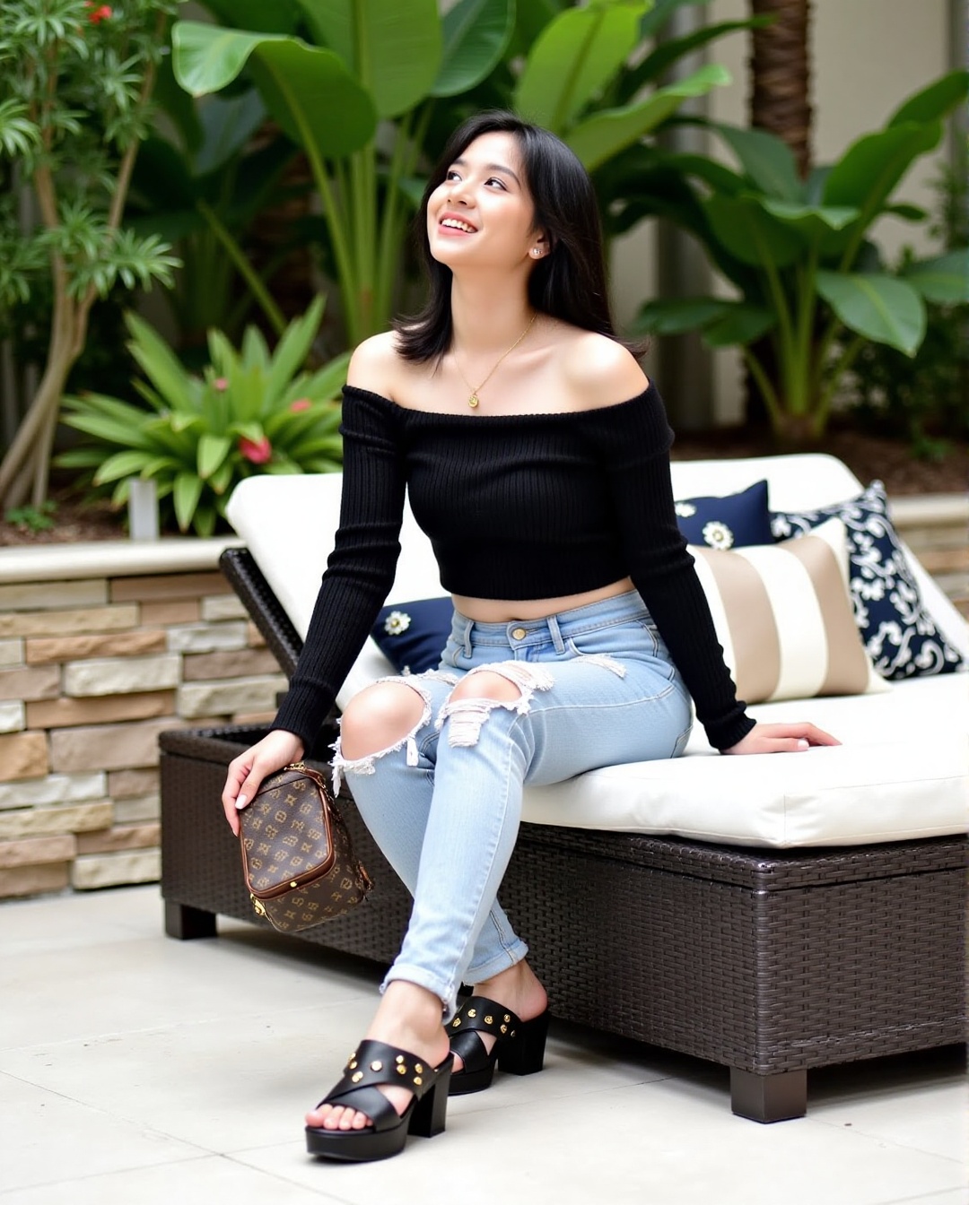 The image shows a young woman sitting on a wicker lounge chair outdoors. She is wearing a black off-shoulder crop top,  li...