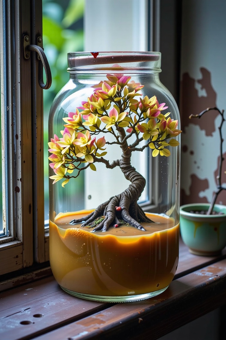 photograph of wet sample of a bonsai in a jar of murky liquid. Decomposed with faded colors,  very detailed,  creepy atmos...