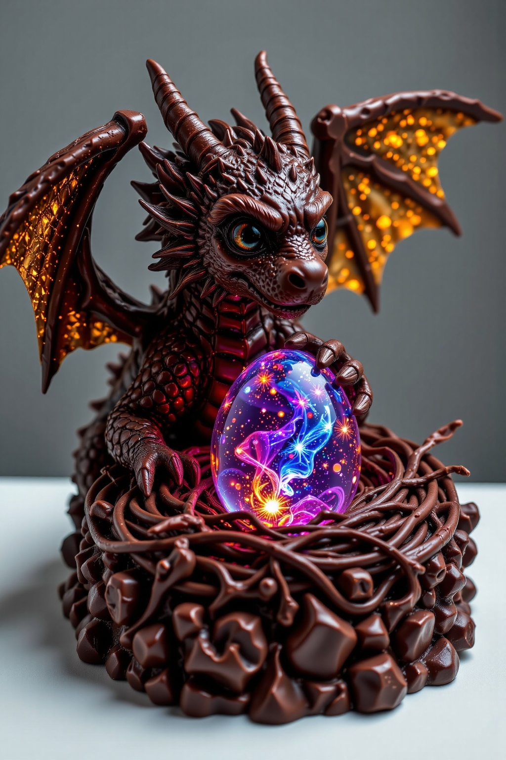 The chocolate sculpture shows a majestic and detailed dragon,  with shiny scales and outstretched wings,  surrounding a ne...