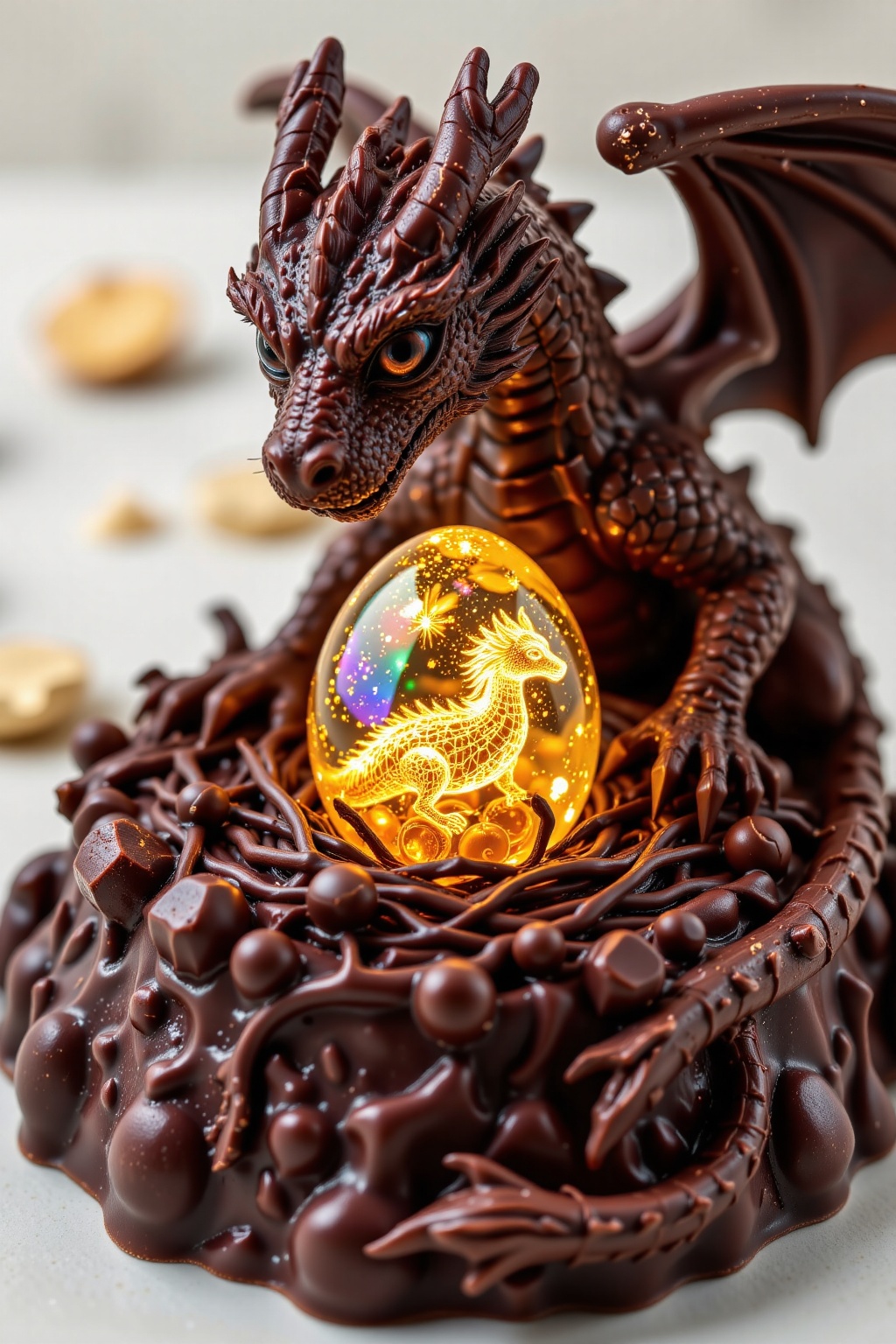 The chocolate sculpture shows a majestic and detailed dragon,  with shiny scales and outstretched wings,  surrounding a ne...