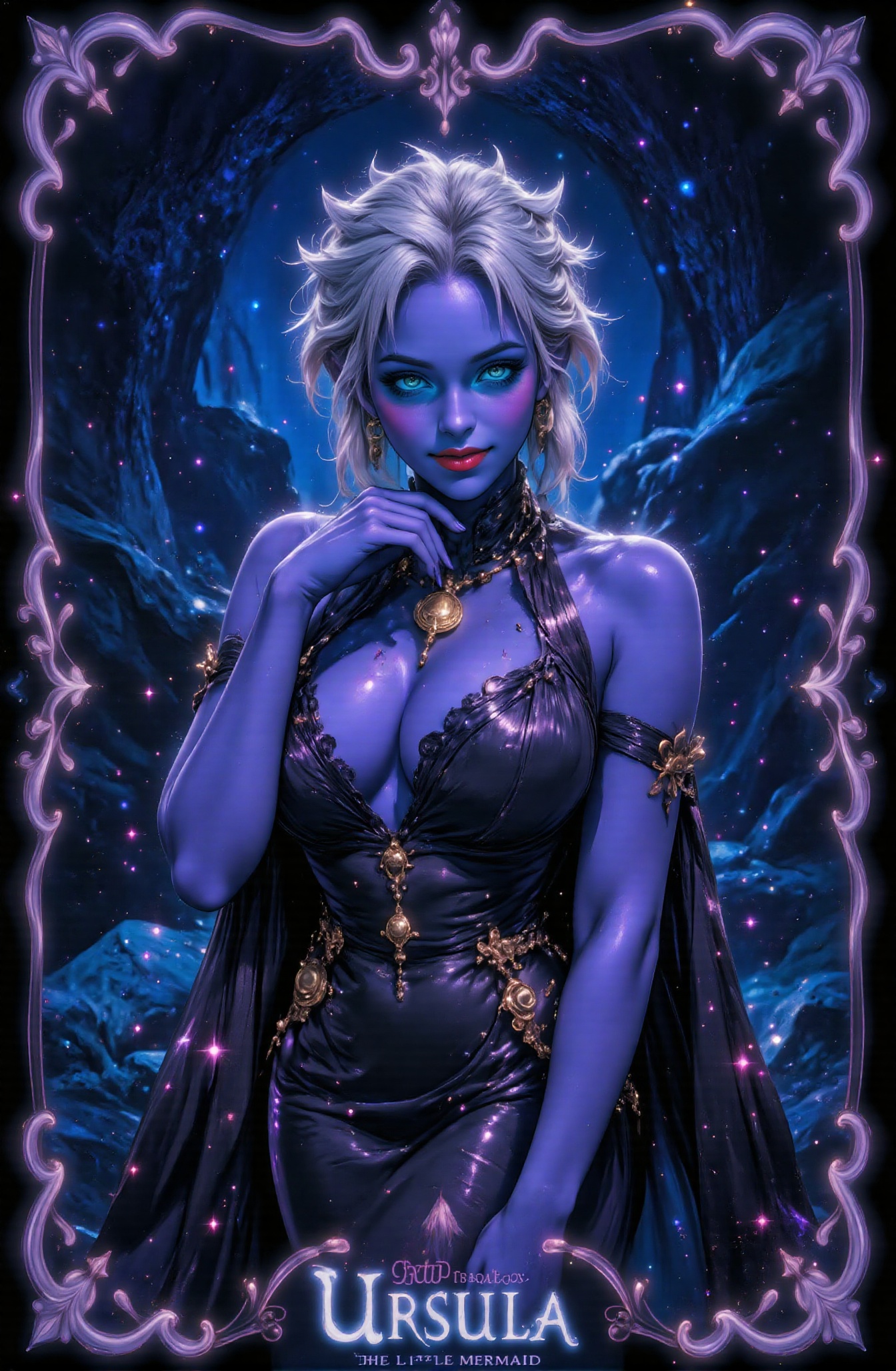 This is a tarot card depicting Ursula from the story of The Little Mermaid. At the bottom of the tarot card,  the words "U...