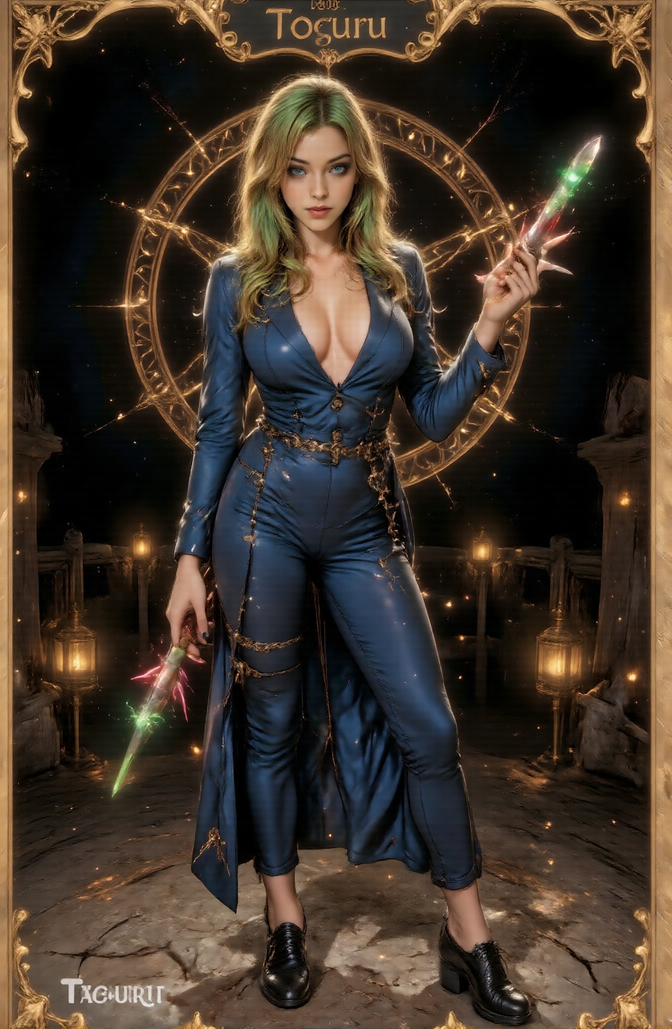 Score_9 is a tarot card that tells the story of an evil,  thin woman in a suit preparing to fight in a dark circular arena...
