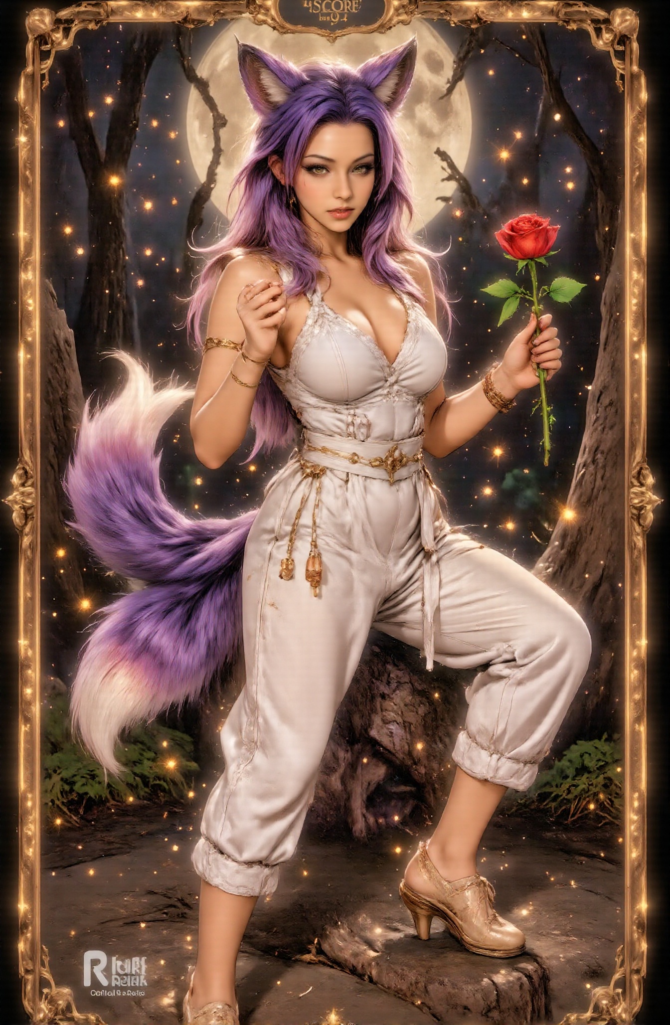 Score_9 is a tarot card that depicts a powerful and beautiful demon fox warrior preparing for battle under the moon. The c...