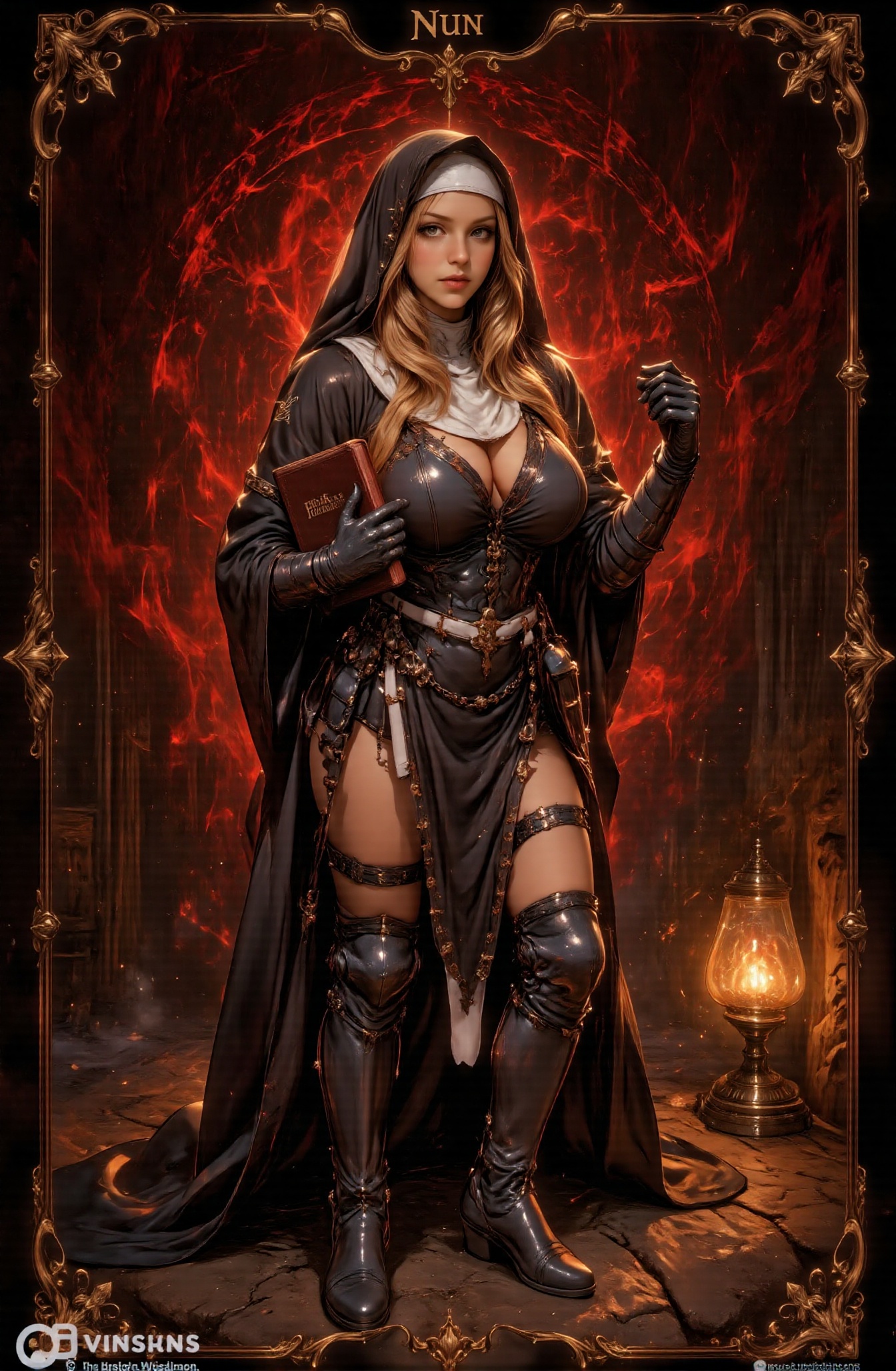 This is a tarot card depicting the Nun from the Cthulhu-style game,  Darkest Dungeon. At the bottom of the tarot card,  th...