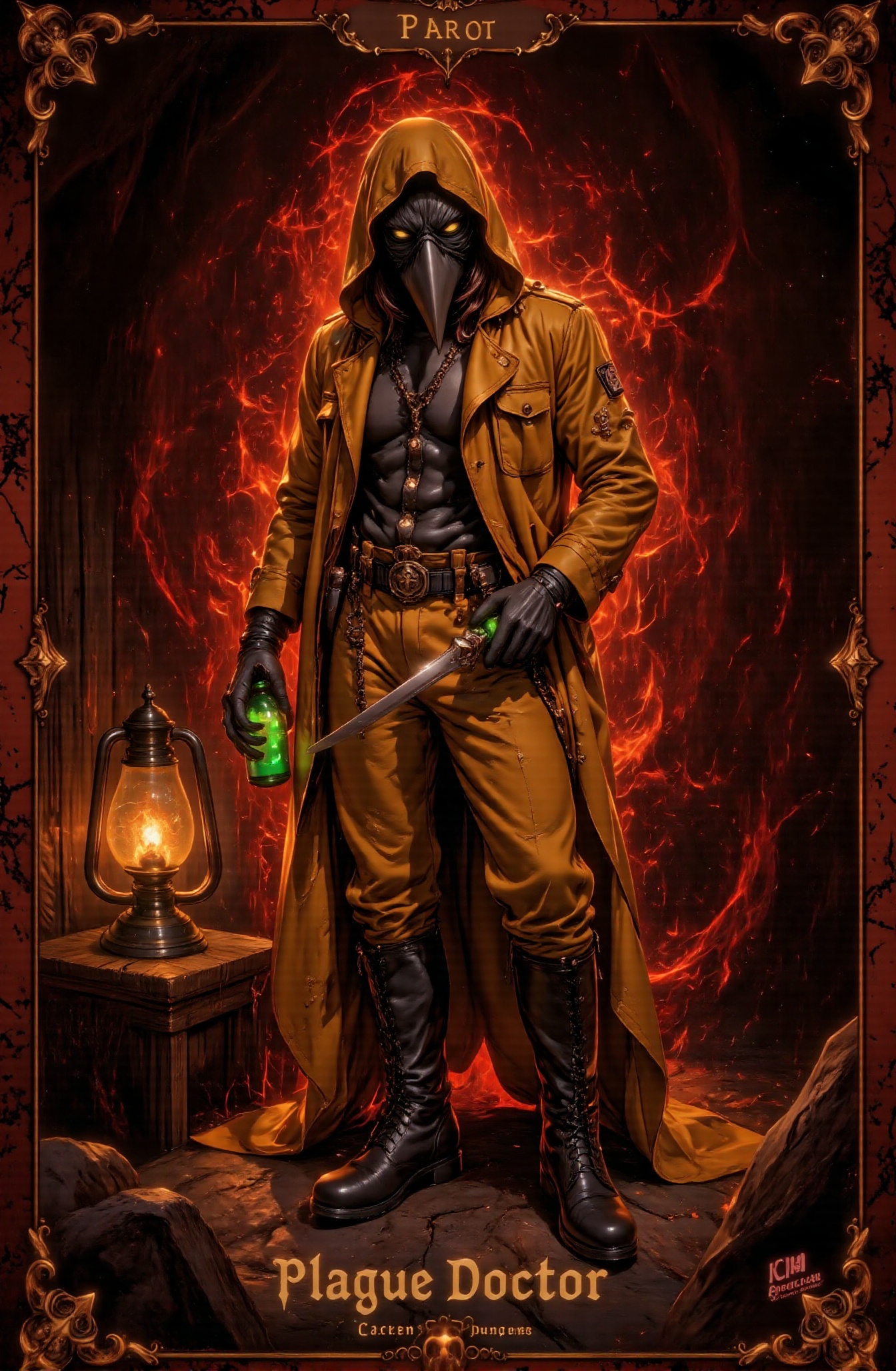 This is a tarot card depicting the Plague Doctor from the Cthulhu-style game,  Darkest Dungeon. At the bottom of the tarot...