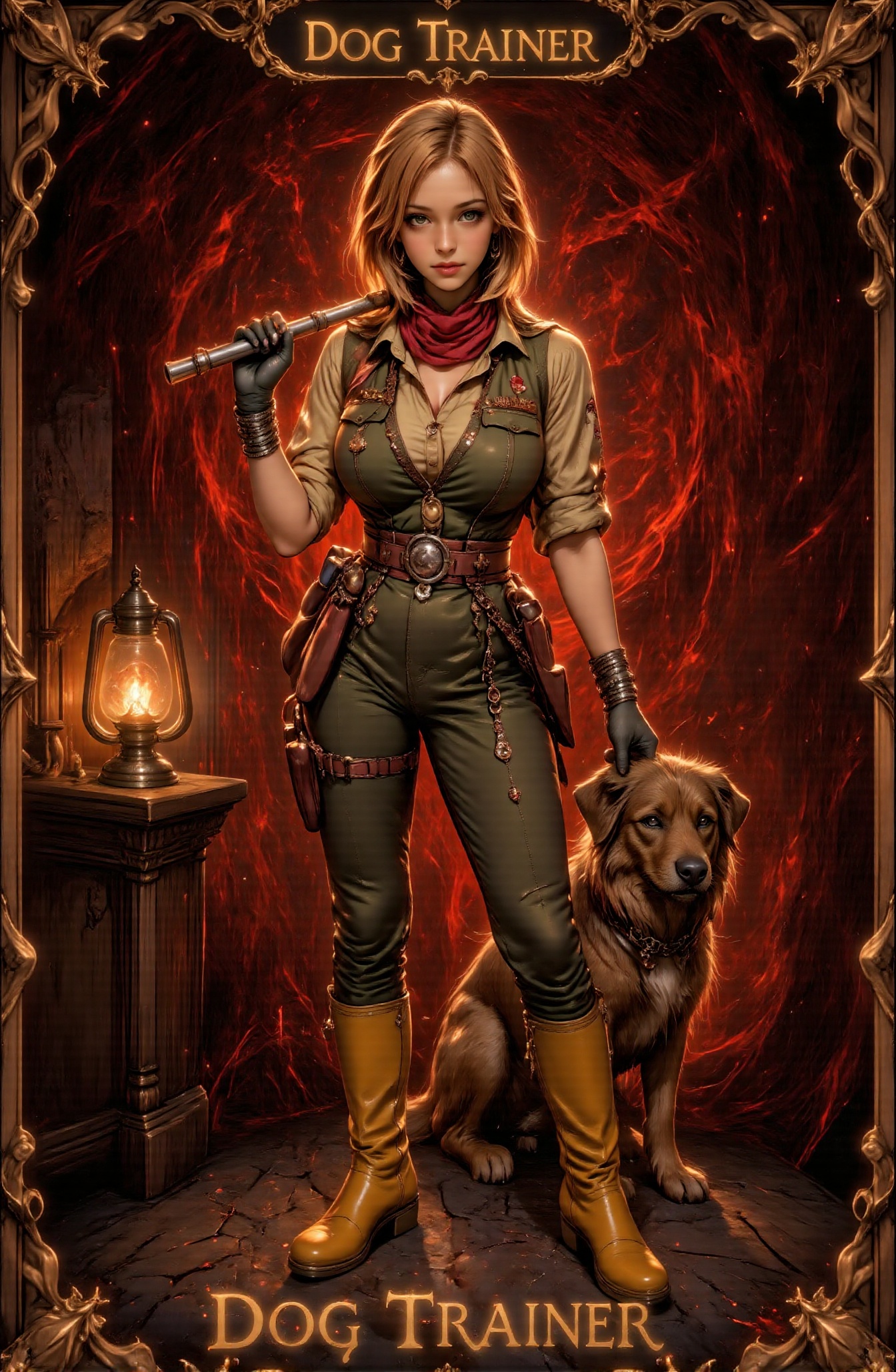 This is a tarot card depicting a dog trainer in the Cthulhu-style game Darkest Dungeon. Below the tarot card,  the words "...