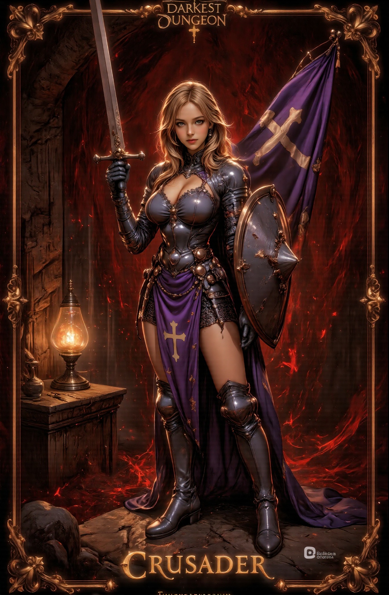 This is a tarot card depicting the Crusader in the Cthulhu-style game,  Darkest Dungeon. At the bottom of the tarot card,...