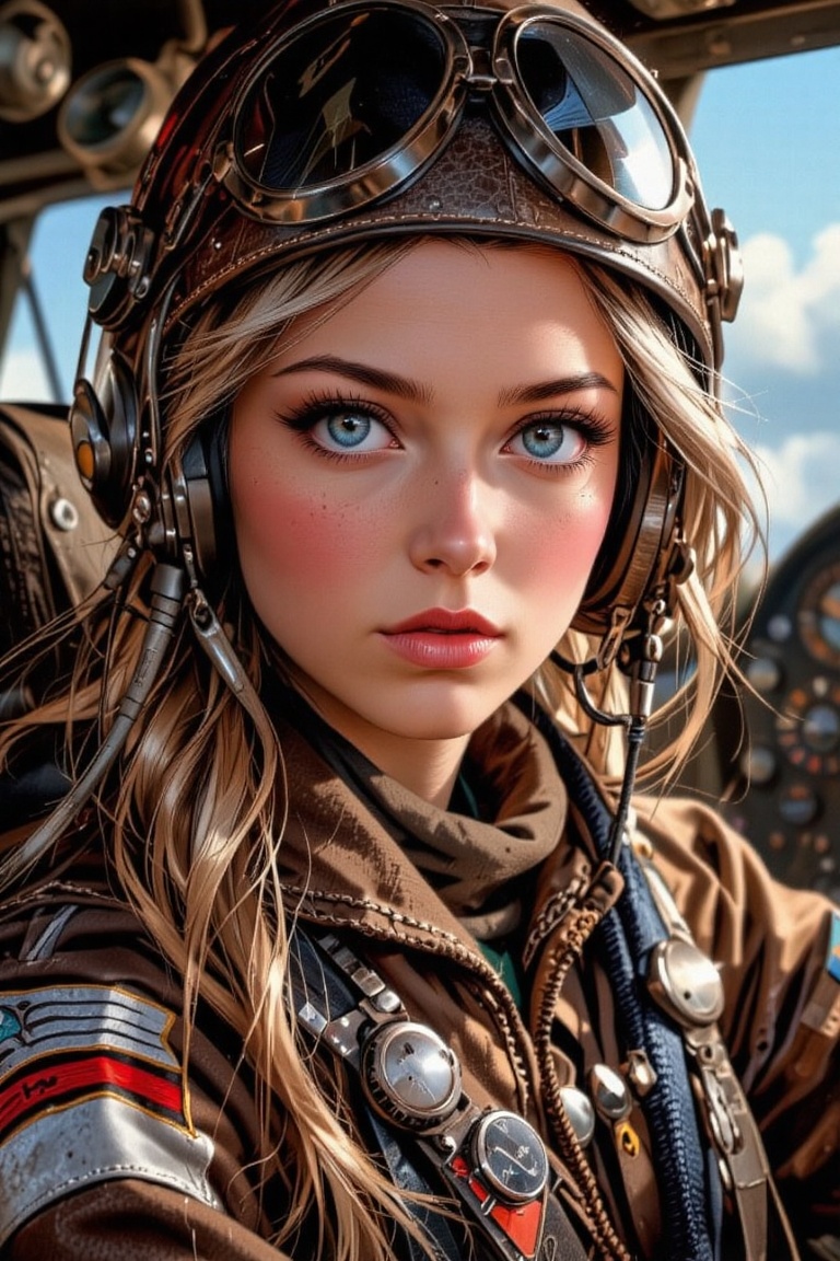 ultra highres,  close-up portrait in vintage style,  woman pilot with determined expression on Tensor.Art