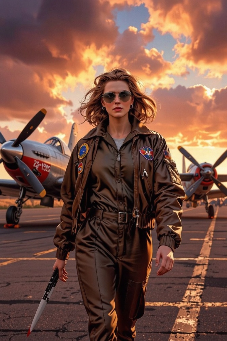 photoreal,  female pilot walking across airfield at sunset,  wearing fitted WASP (Women Airforce Service Pilots) uniform o...