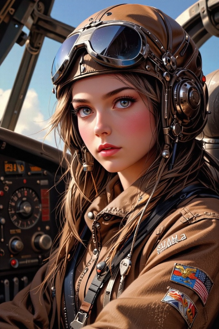 ultra highres,  close-up portrait in vintage style,  woman pilot with determined expression on Tensor.Art