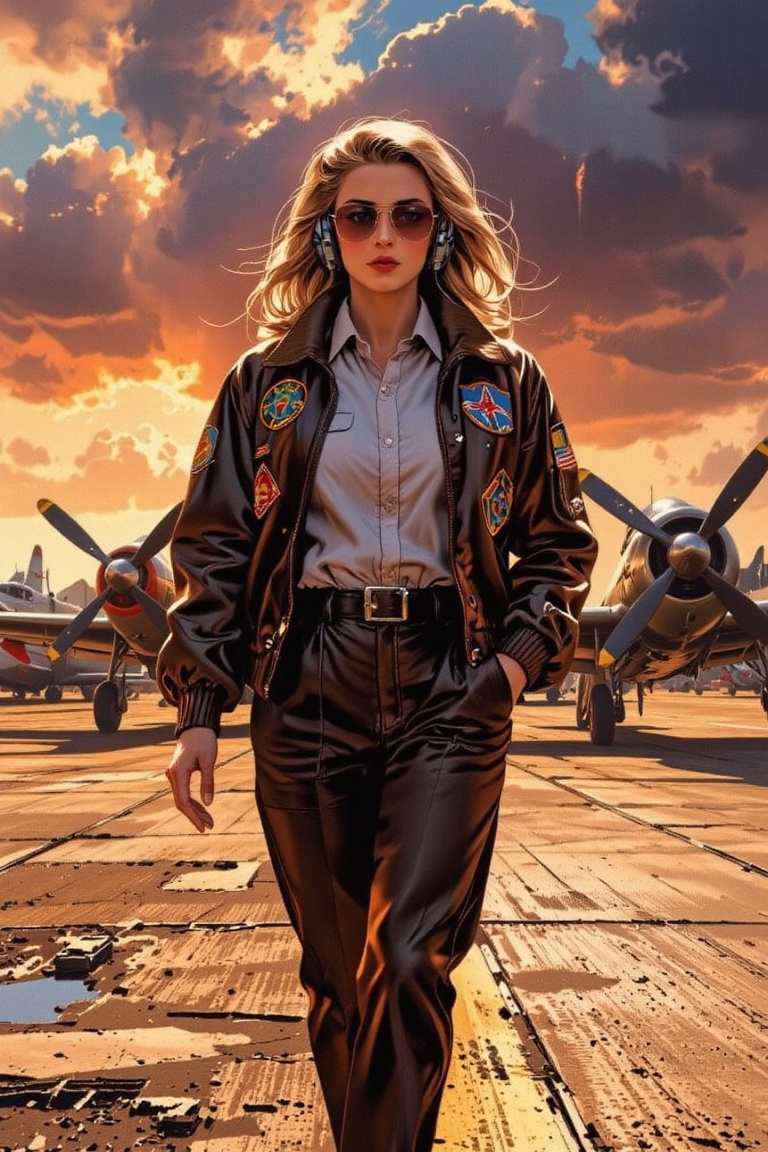 photoreal,  female pilot walking across airfield at sunset,  wearing fitted WASP (Women Airforce Service Pilots) uniform o...