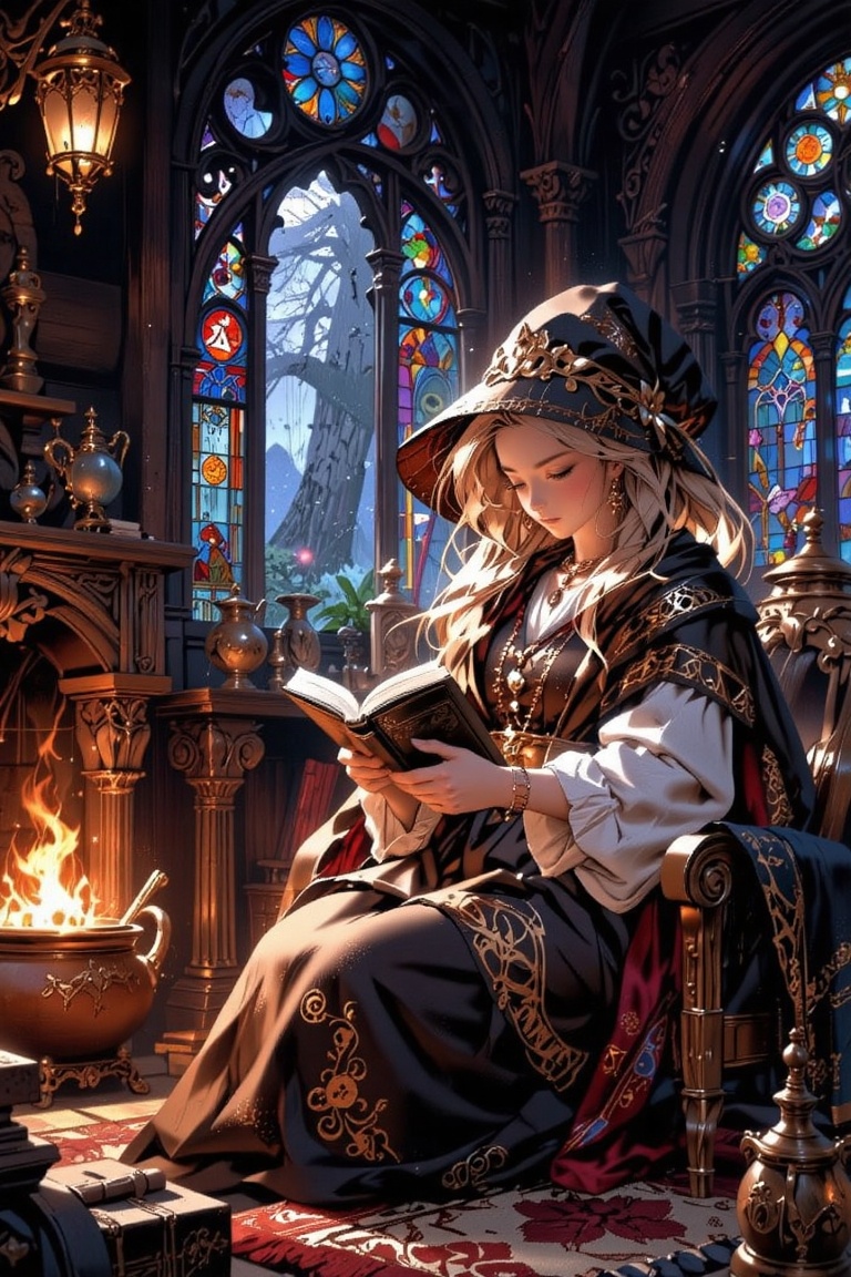 photoreal,  1girl sorceress in vintage anime aesthetic,  studying ancient grimoire on Tensor.Art