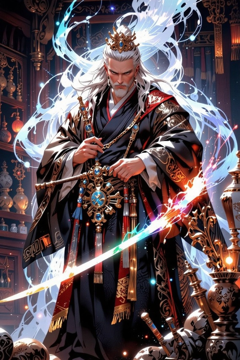 photoreal,  male taoist mage,  retro anime art style on Tensor.Art