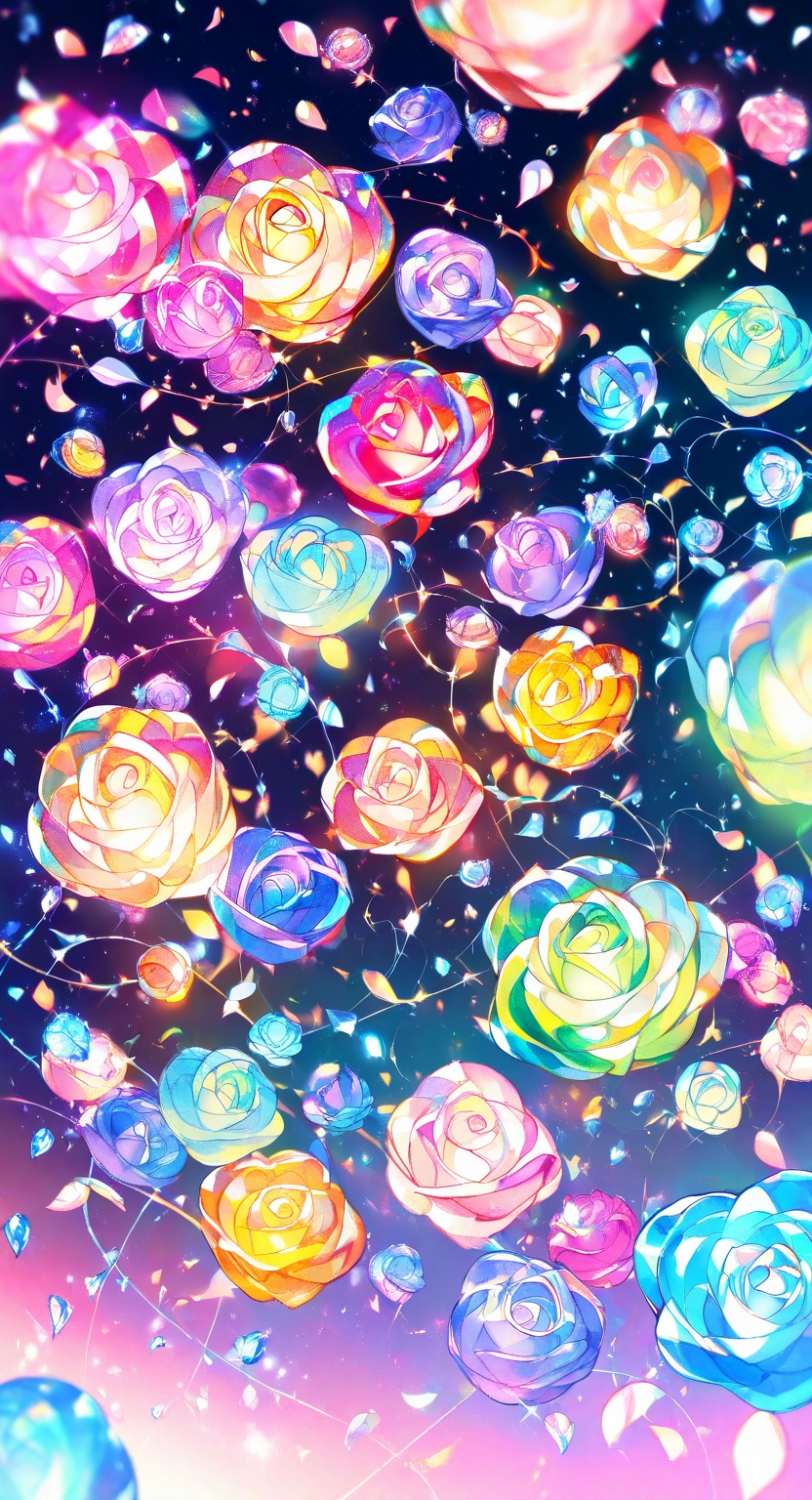 a bunch of shiny roses and glowing vines around sparkling gems,  colorful gradient background,  very vibrant colors on Ten...
