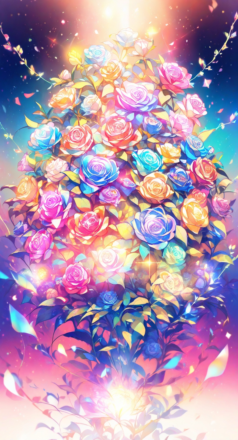a bunch of shiny roses and glowing vines around sparkling gems,  colorful gradient background,  very vibrant colors on Ten...