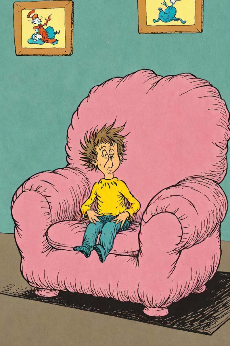 a children's book illustration of a puffy armchair,  by dr. seuss on Tensor.Art
