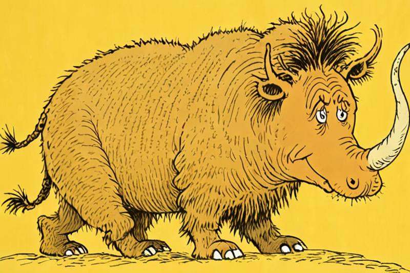 a children's book illustration of a yellow cartoon Woolly Rhinoceros on a yellow background by Dr. Seuss on Tensor.Art