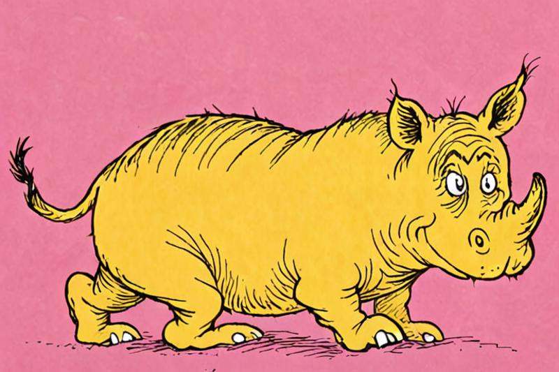 a children's book illustration of a yellow cartoon cat rhino on a pink background by Dr. Seuss on Tensor.Art