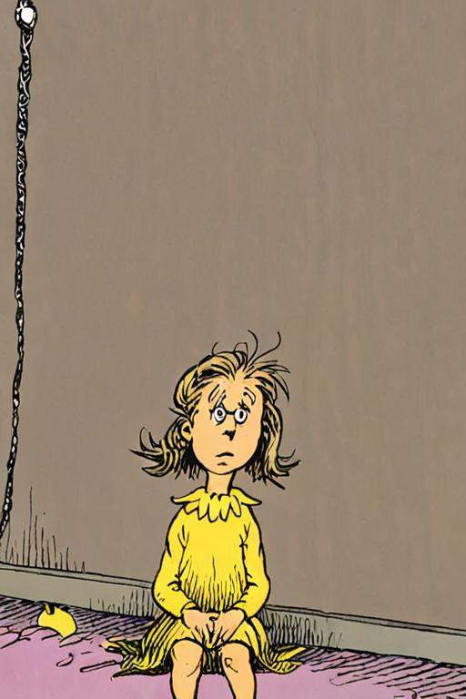 a children's book illustration of a sad little girl by Dr. Seuss on Tensor.Art