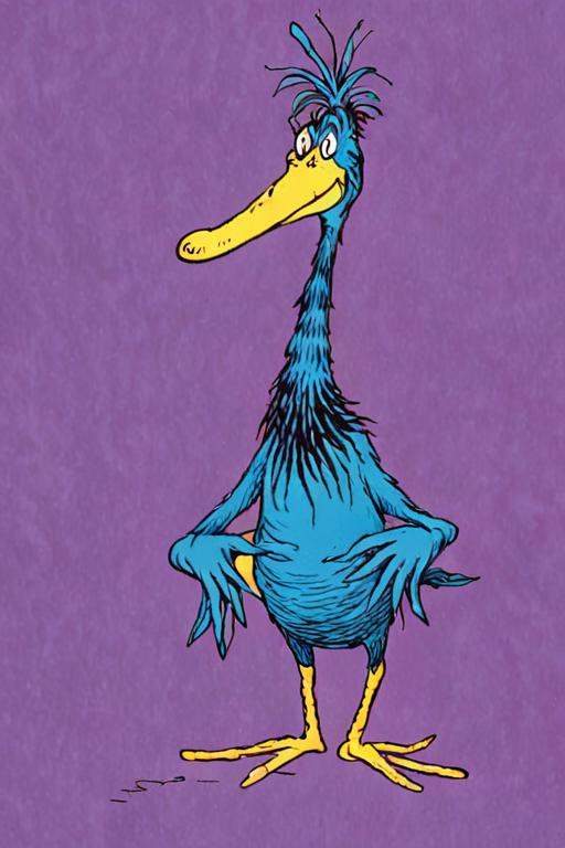 a children's book illustration of a blue cartoon Jacana on a purple background by Dr. Seuss on Tensor.Art