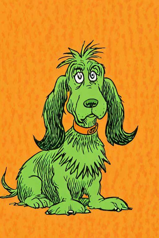 a children's book illustration of a green cartoon Petit Basset Griffon Vendéen on a orange background by Dr. Seuss on Tens...