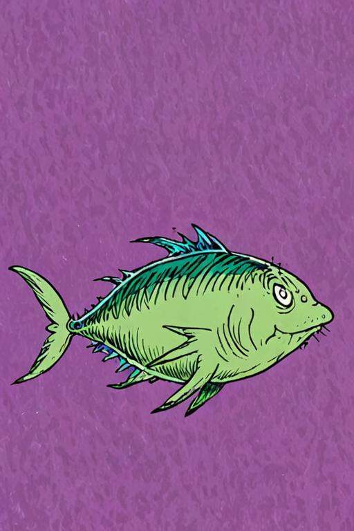 a children's book illustration of a green cartoon Bluefin Tuna on a purple background by Dr. Seuss on Tensor.Art