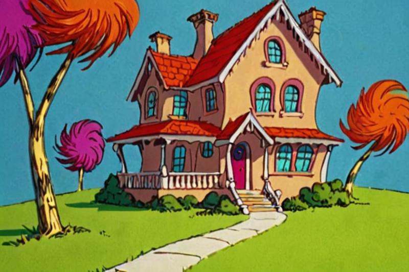 a frame of a animated film of a house,  style drseussfilm on Tensor.Art