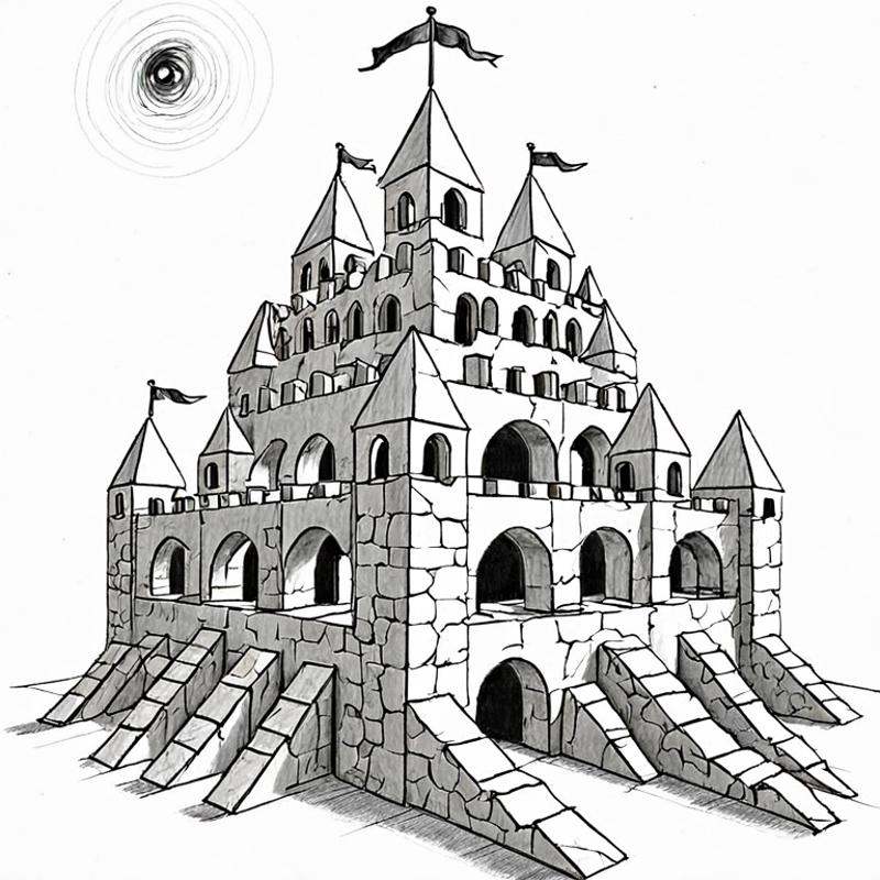 a drawing of a simple small castle made of wood blocks and arches by Mark Kistler on Tensor.Art