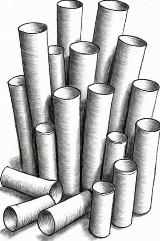 a black and white pencil drawing of a bunch of cylinders on a white background by Mark Kistler on Tensor.Art