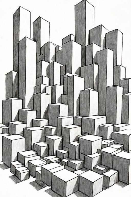 a black and white pencil drawing of a city made of blocks with arches on a white background by Mark Kistler on Tensor.Art