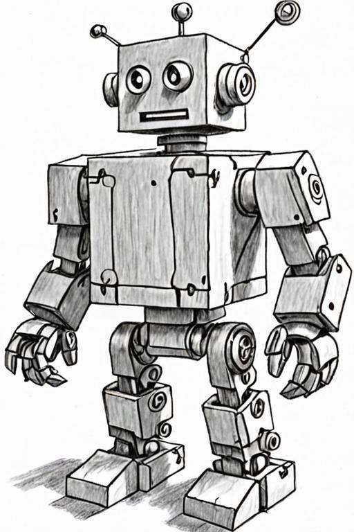 a black and white pencil drawing of a robot made of blocks on a white background by Mark Kistler on Tensor.Art