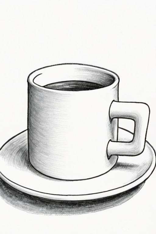 a black and white pencil drawing of a mug on a saucer on a white background by Mark Kistler on Tensor.Art