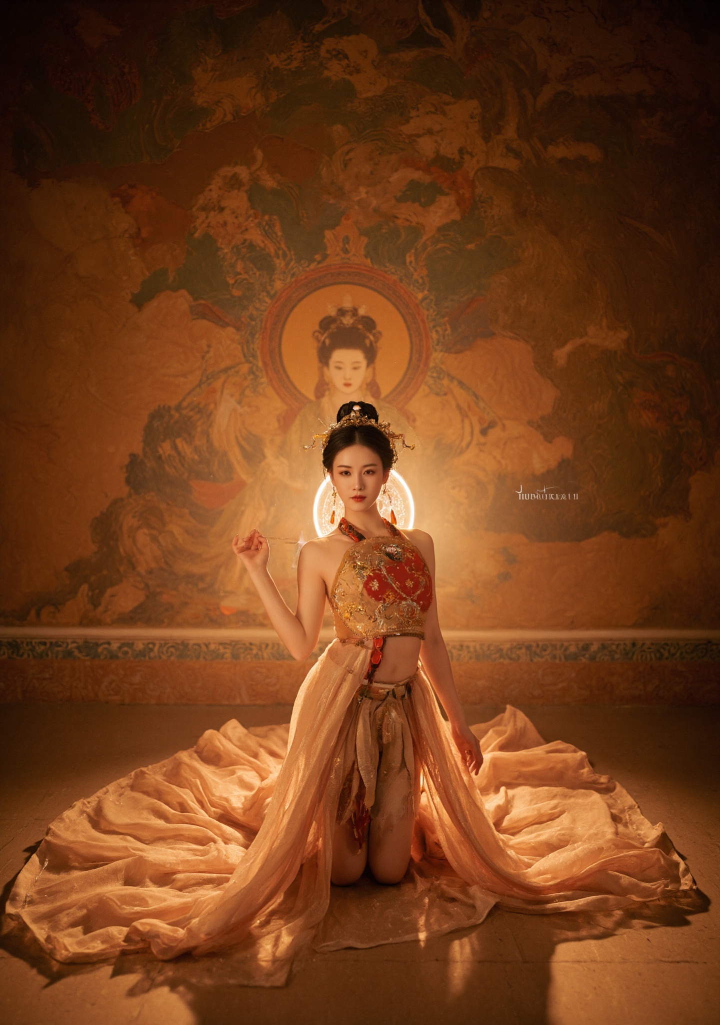 Dunhuang/(hubg style)/,  A woman in traditional Chinese attire kneels on the floor,  wearing a flowing on Tensor.Art