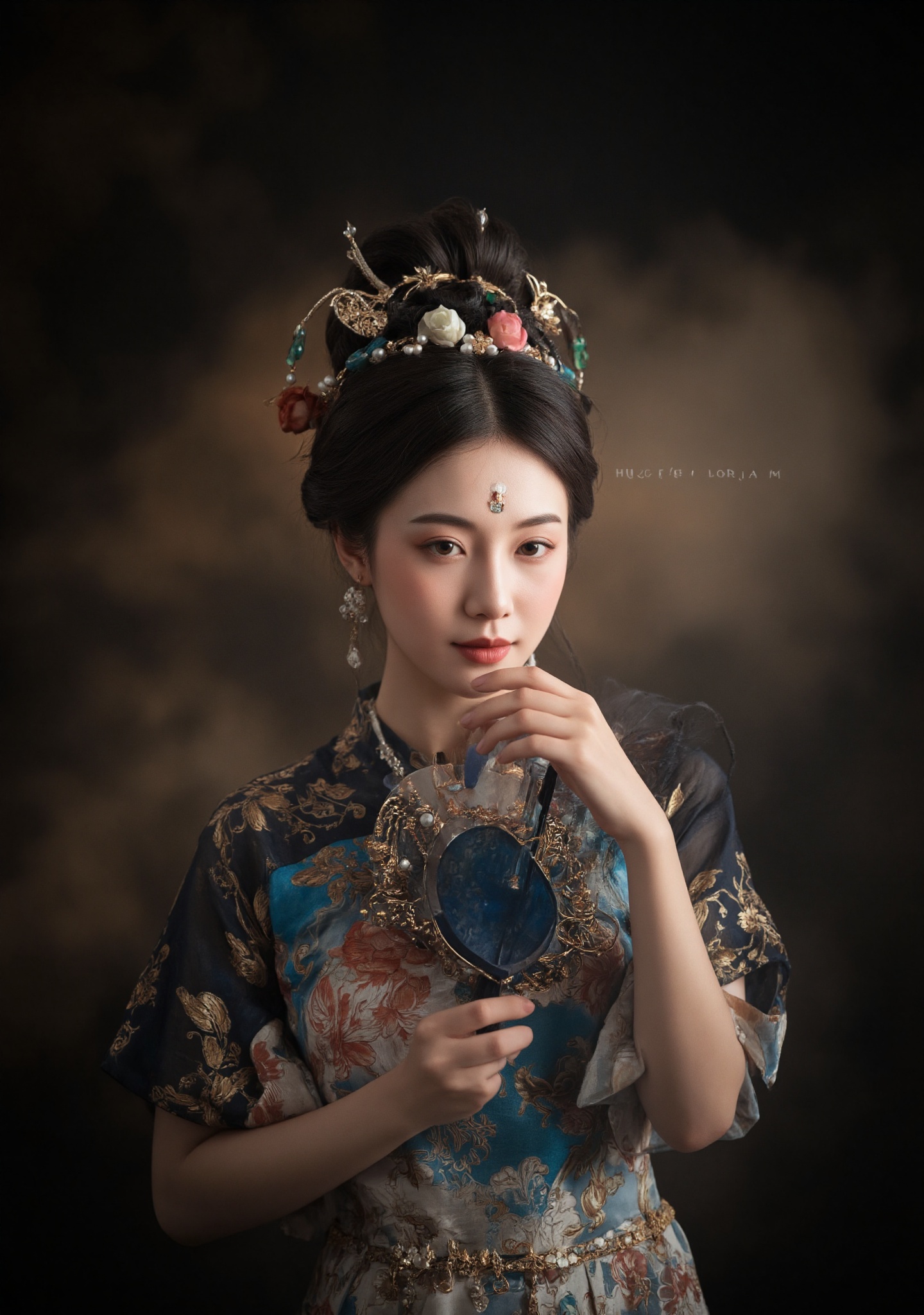 Dunhuang/(hubg style)/,  A young Asian woman with fair skin and delicate features stands against a dark,  smoky background...