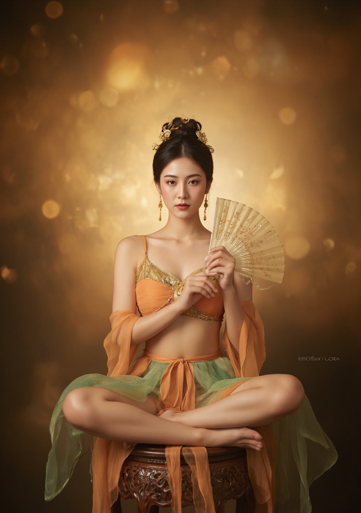 Dunhuang/(hubg style)/,  A woman with pale skin and delicate features sits cross-legged on an ornate stool. She wears an e...