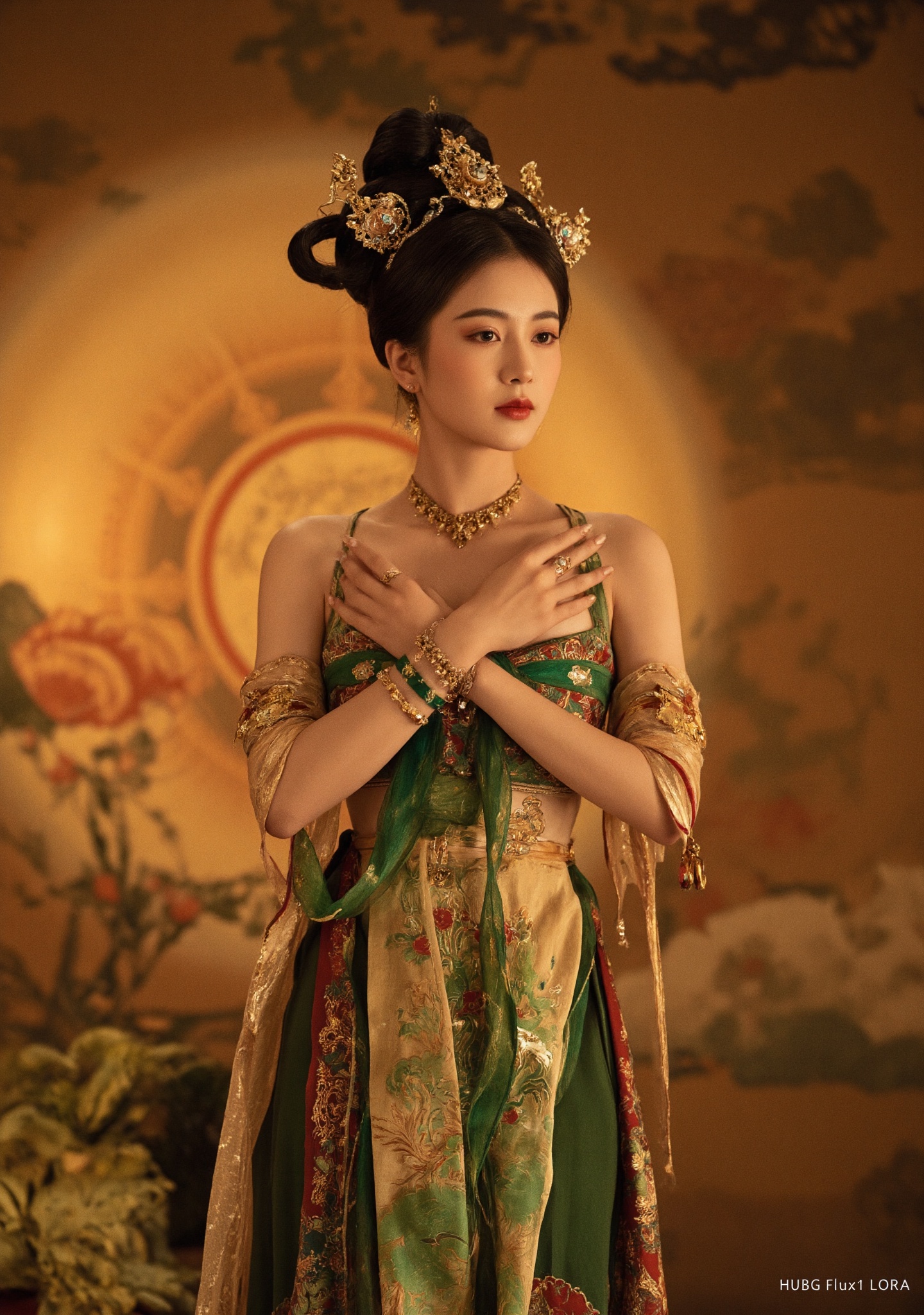 Dunhuang/(hubg style)/,  A woman with a slender figure and fair skin stands confidently,  adorned in a traditional on Tens...