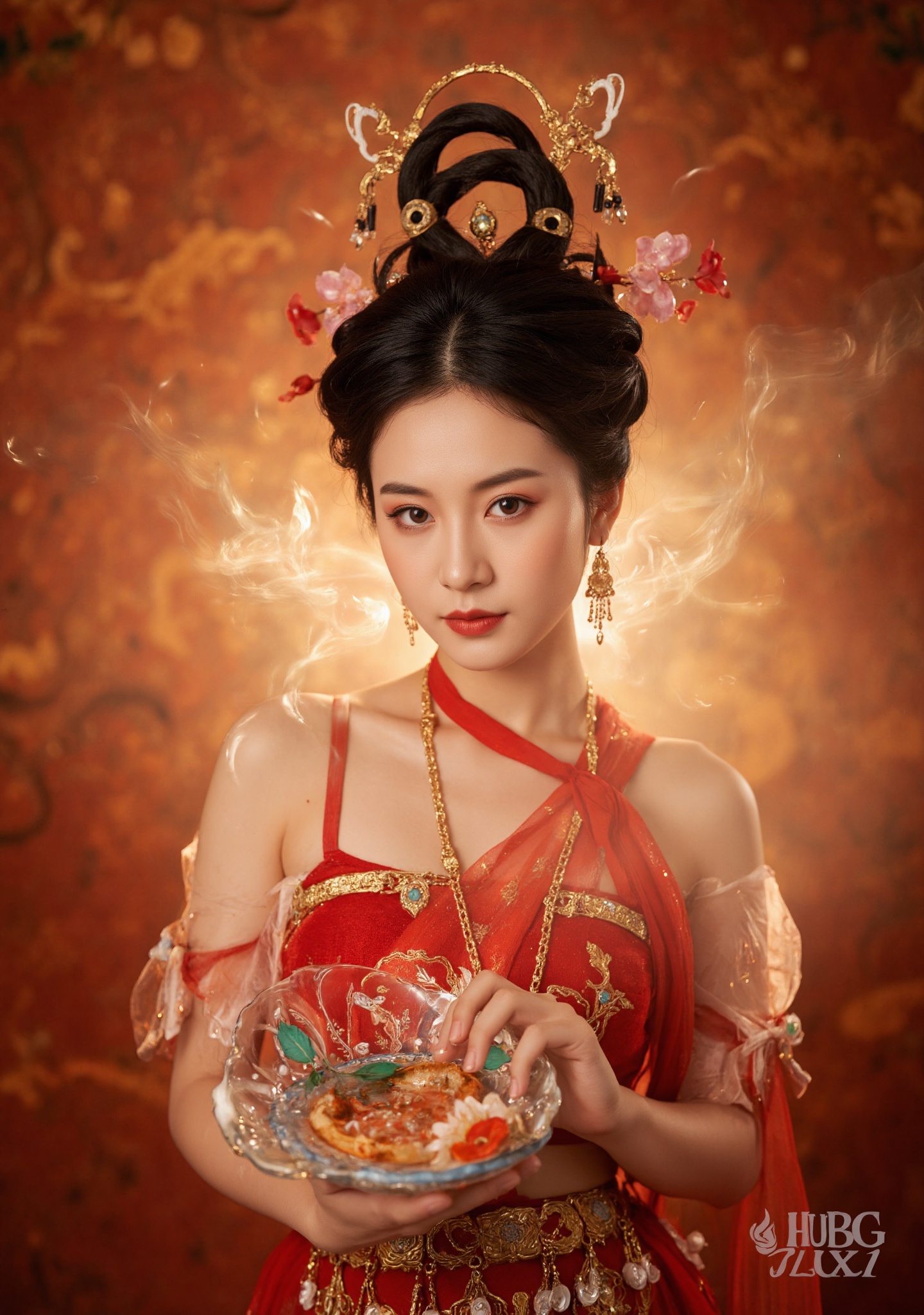 Dunhuang/(hubg style)/,  Photograph of an stunning Asian woman with fair skin and black hair styled in an intricate updo,...