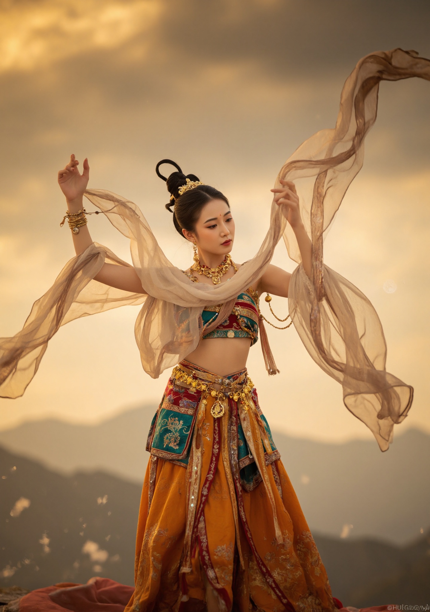Dunhuang/(hubg style)/,  A woman with fair skin and dark hair performs a traditional dance,  wearing an ornate on Tensor.Art