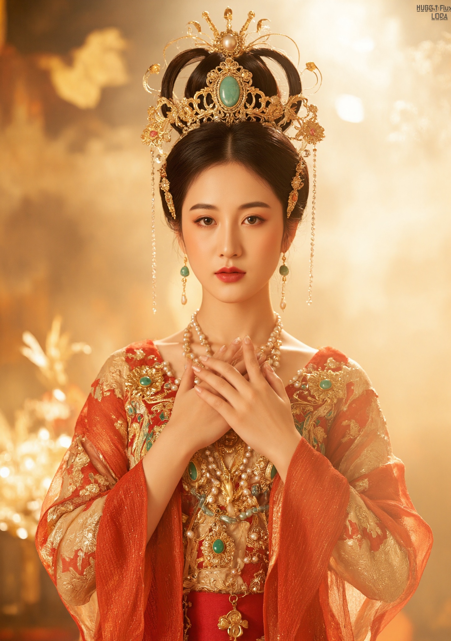 Dunhuang/(hubg style)/,  Photograph of a young Asian woman with fair skin,  dressed in an elaborate on Tensor.Art