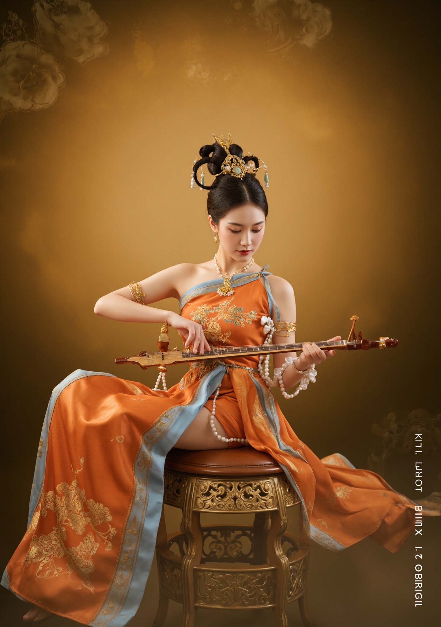 Dunhuang/(hubg style)/,  Photograph of an elegant woman in traditional Chinese attire,  seated on a decorative stool. She...