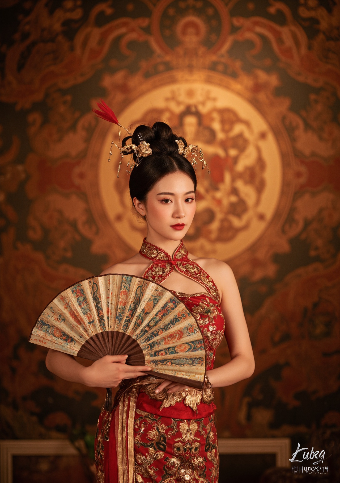 Dunhuang/(hubg style)/,  A woman in an ornate,  traditional Chinese dress stands gracefully on Tensor.Art
