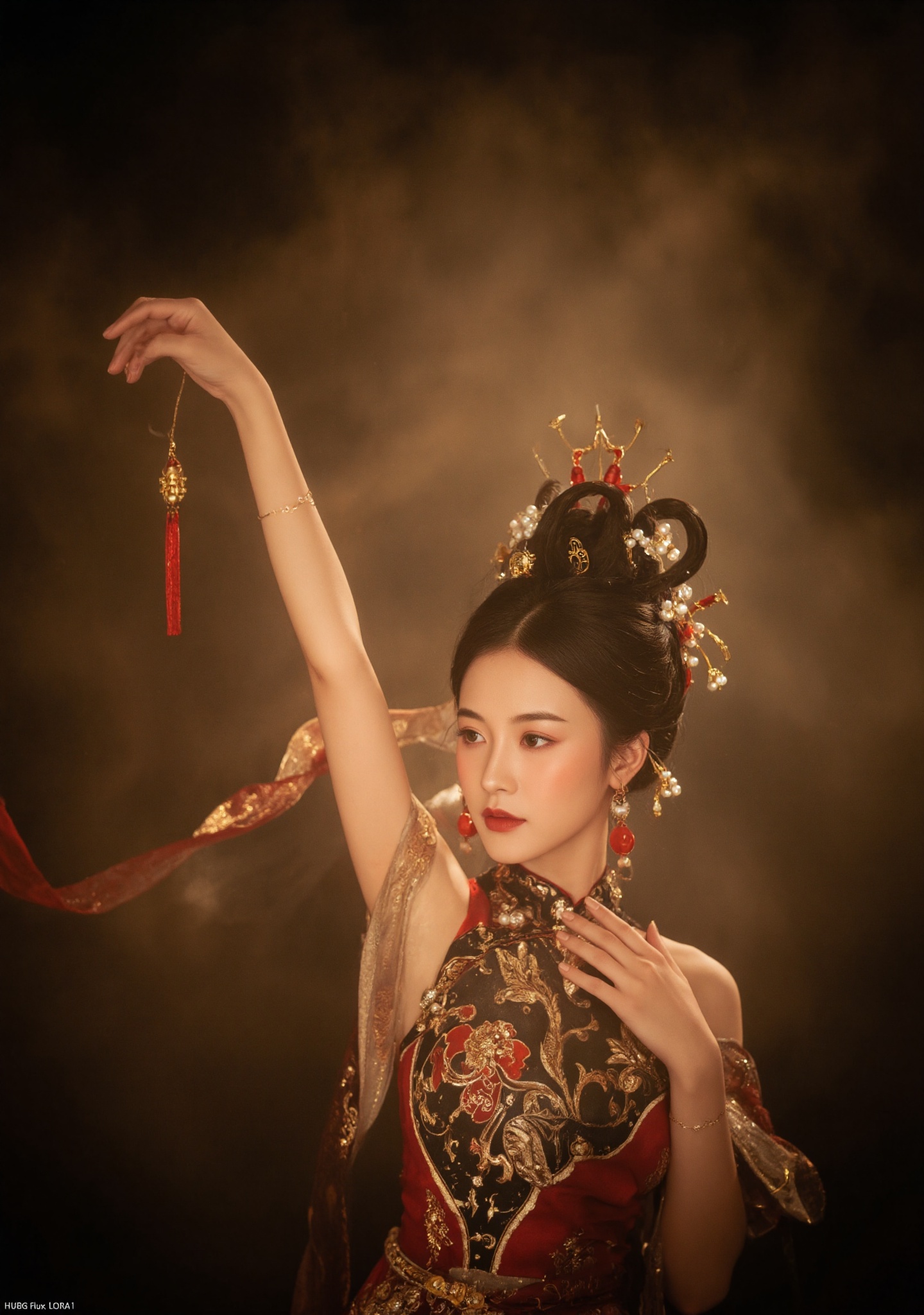 Dunhuang/(hubg style)/,  Photograph of a beautiful Asian woman in traditional Chinese attire,  standing against a smoky on...