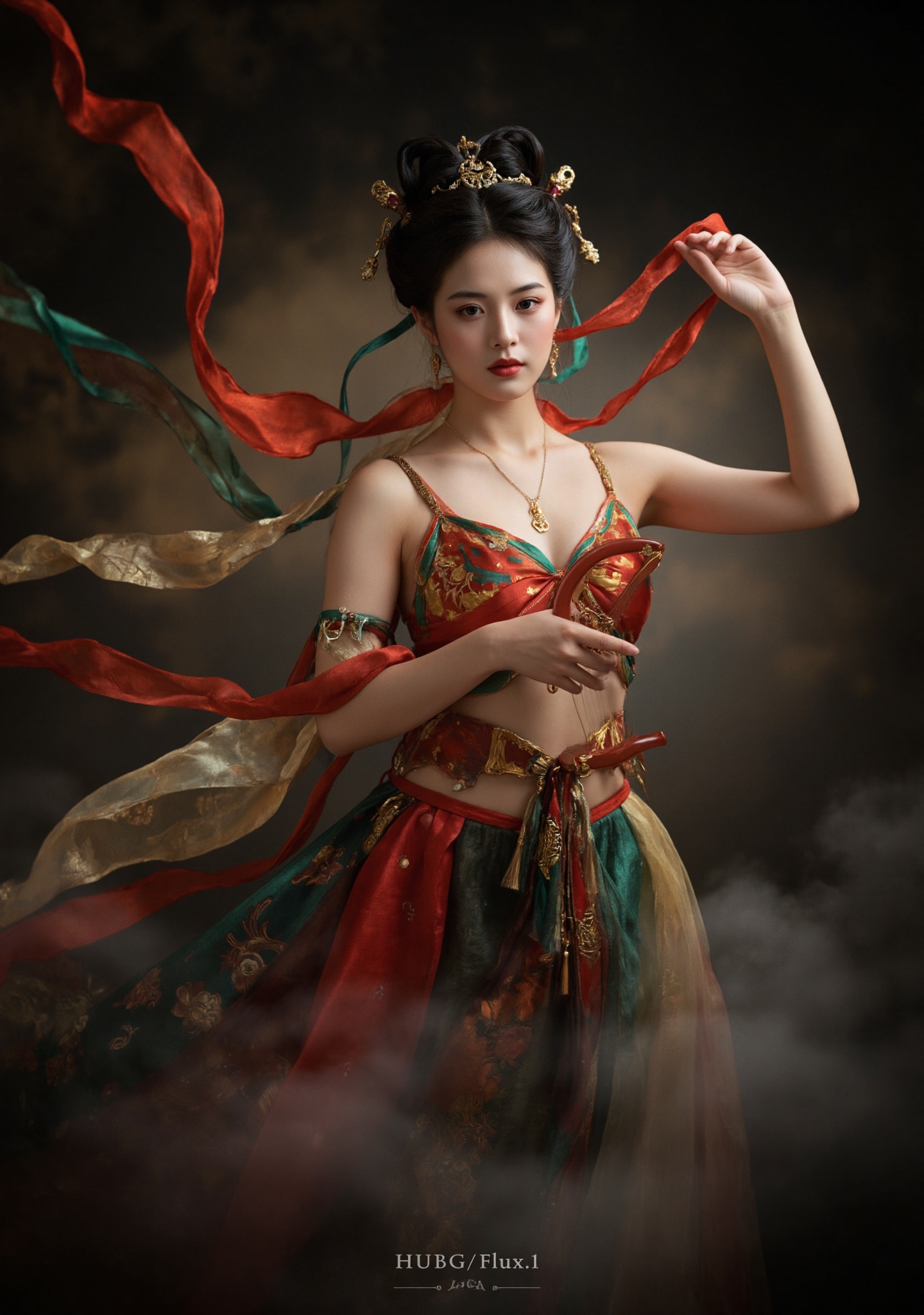 Dunhuang/(hubg style)/,  A photograph of a woman with fair skin and dark hair styled in an updo,  wearing a flowing on Ten...