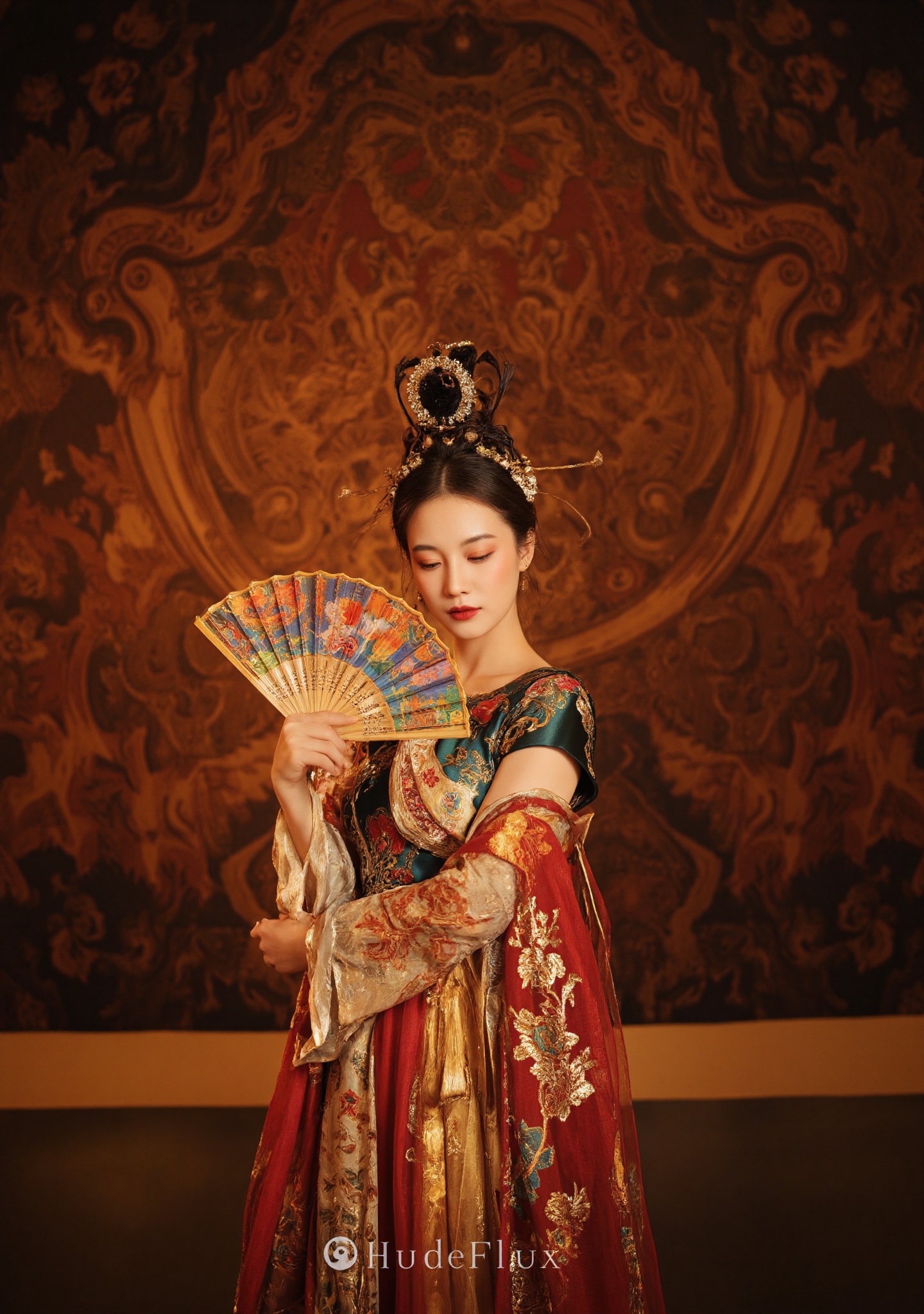 Dunhuang/(hubg style)/,  A woman in an ornate,  traditional Chinese dress stands gracefully on Tensor.Art