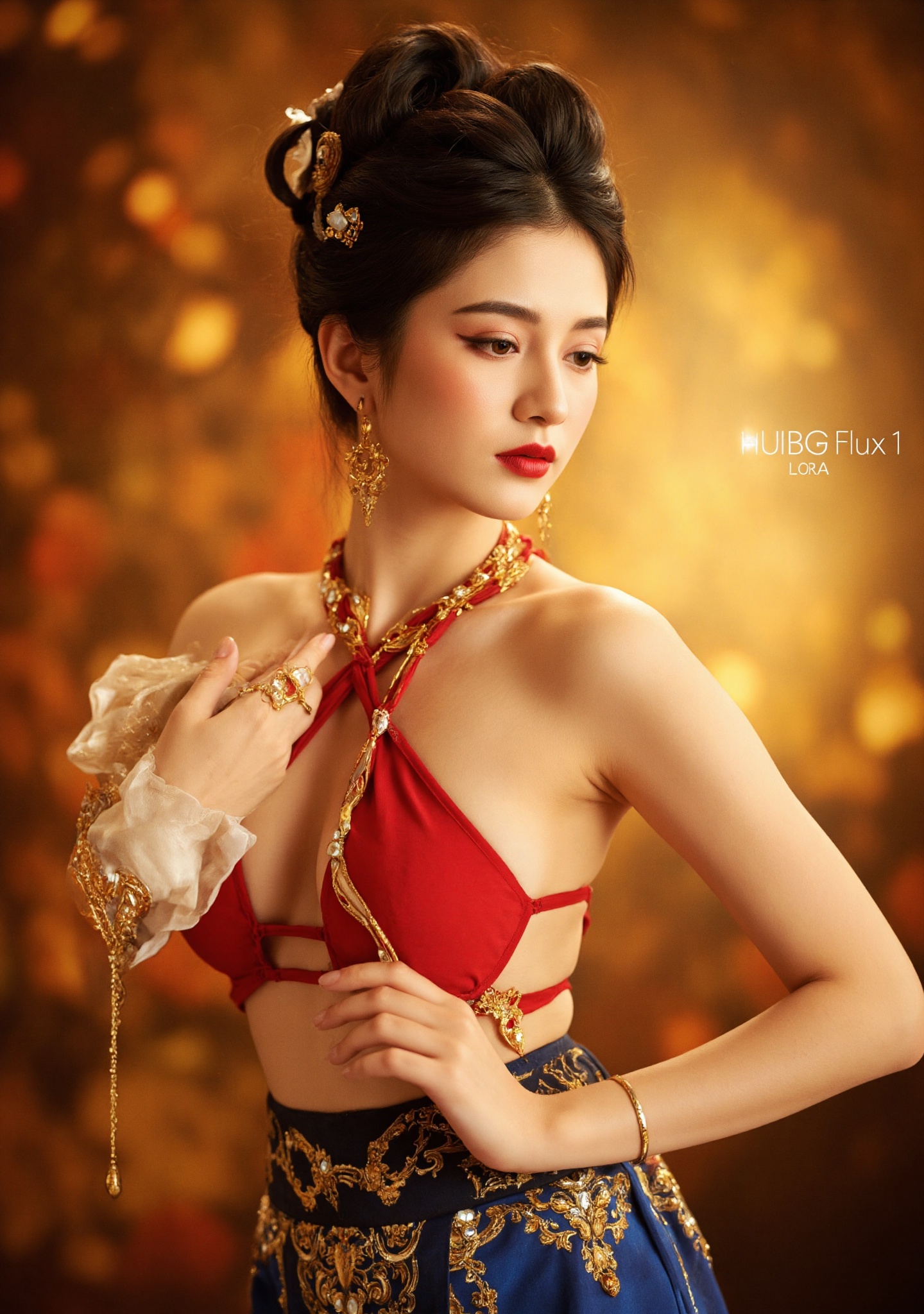 Dunhuang/(hubg style)/,  A stunning woman with pale skin and dark hair styled in an elegant updo,  adorned with gold and r...
